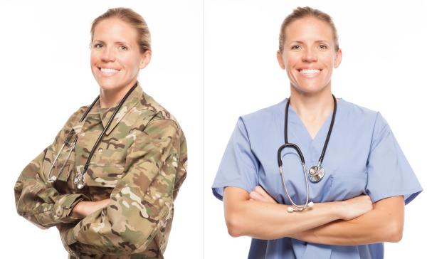 Woman dressed in military fatigues on left, same woman in nurse uniform on right