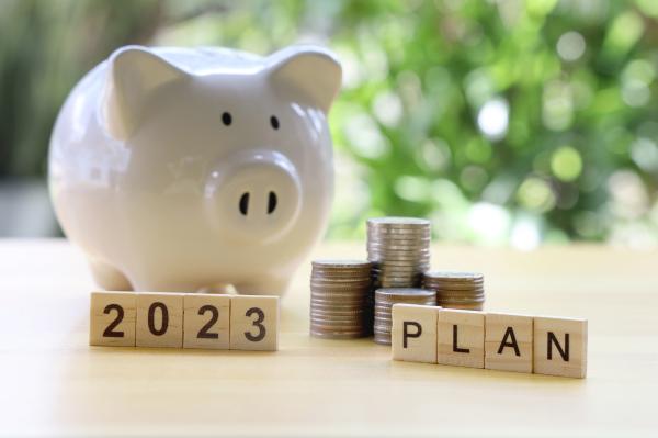 Piggybank with signs reading 2023 and Plan, next to pile of coins