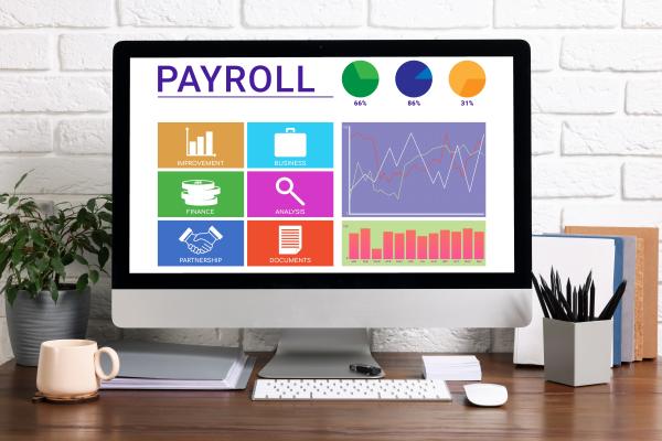 Computer screen displaying the word 'Payroll' and associated graphics