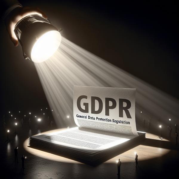 Spotlight illuminating papers headed "GDPR" on a desk in an otherwise dark room