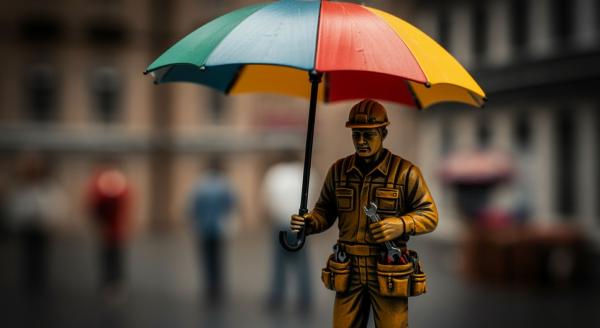 Rendering of a worker in overalls and toolbelt sheltering under an umbrella