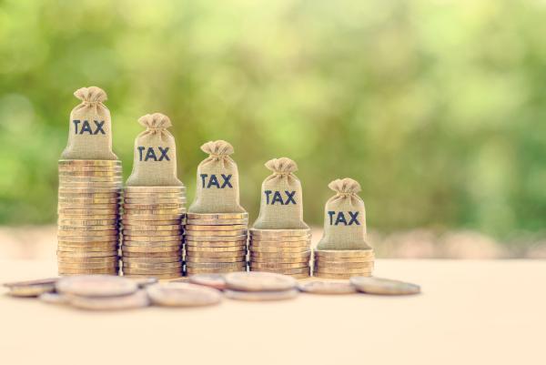 Row of coins in piles of various sizes, with a miniature money bag on top of each with "Tax" on the bag